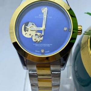 Men's Rolex-Branded Two-Tone Automatic Watch with Blue Dial & Open-Heart Skeleton Detail