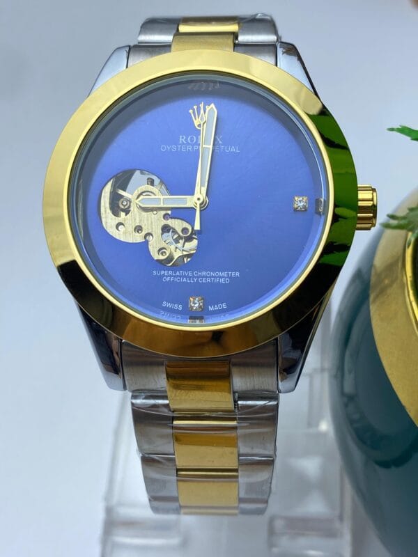 Men's Rolex-Branded Two-Tone Automatic Watch with Blue Dial & Open-Heart Skeleton Detail - Image 2
