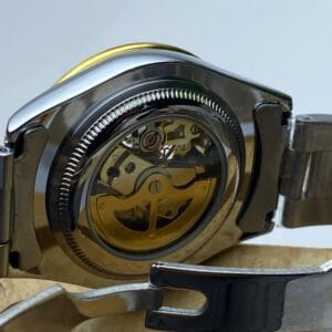 Men's Rolex-Branded Two-Tone Automatic Watch with Blue Dial & Open-Heart Skeleton Detail