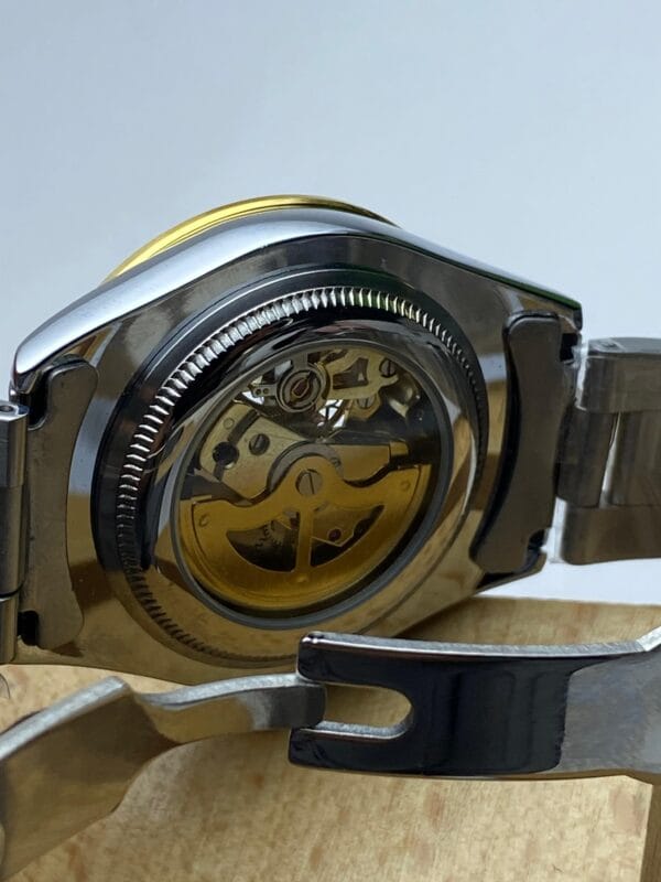 Men's Rolex-Branded Two-Tone Automatic Watch with Blue Dial & Open-Heart Skeleton Detail - Image 4