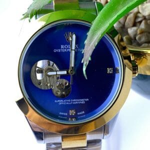 Men's Rolex-Branded Two-Tone Automatic Watch with Blue Dial & Open-Heart Skeleton Detail