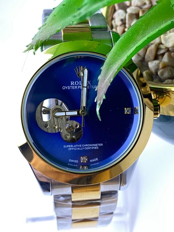 Men's Rolex-Branded Two-Tone Automatic Watch with Blue Dial & Open-Heart Skeleton Detail - Image 3