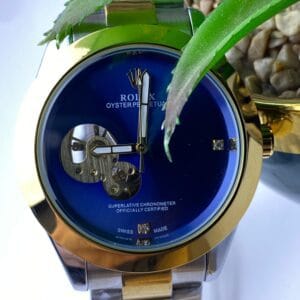 Men's Rolex-Branded Two-Tone Automatic Watch with Blue Dial & Open-Heart Skeleton Detail