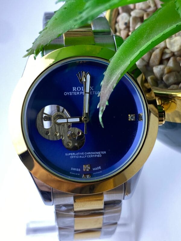Men's Rolex-Branded Two-Tone Automatic Watch with Blue Dial & Open-Heart Skeleton Detail - Image 5