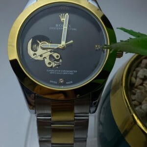 Men's Rolex-Branded Two-Tone Automatic Watch with Blue Dial & Open-Heart Skeleton Detail