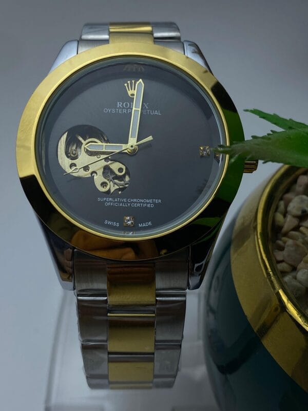 Men's Rolex-Branded Two-Tone Automatic Watch with Blue Dial & Open-Heart Skeleton Detail