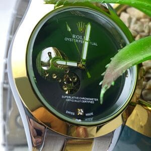 Men's Rolex-Branded Two-Tone Automatic Watch with Blue Dial & Open-Heart Skeleton Detail