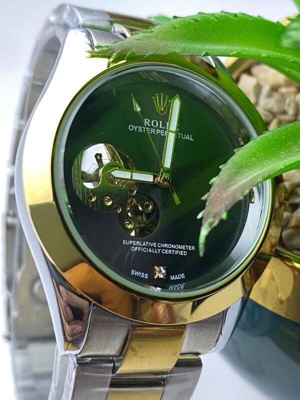 Men's Rolex-Branded Two-Tone Automatic Watch with Blue Dial & Open-Heart Skeleton Detail - Image 8
