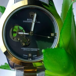 Men's Rolex-Branded Two-Tone Automatic Watch with Blue Dial & Open-Heart Skeleton Detail