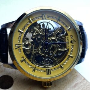Men's Rolex-Branded Automatic Skeleton Watch with Gold Dial & Black Leather Strap
