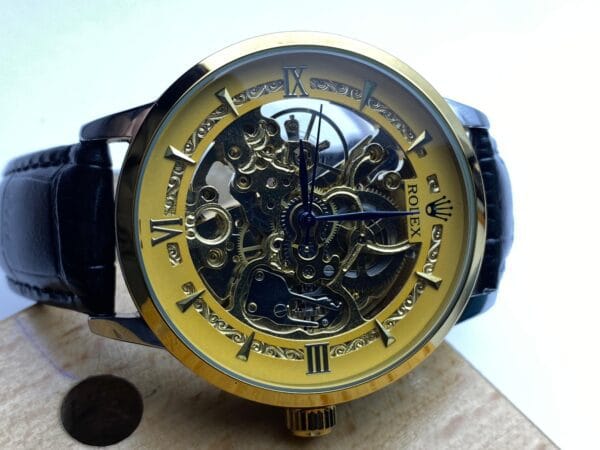 Men's Rolex-Branded Automatic Skeleton Watch with Gold Dial & Black Leather Strap - Image 7