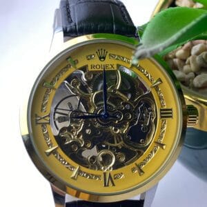 Men's Rolex-Branded Automatic Skeleton Watch with Gold Dial & Black Leather Strap