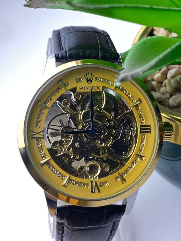 Men's Rolex-Branded Automatic Skeleton Watch with Gold Dial & Black Leather Strap - Image 2