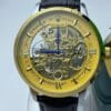 Men's Rolex-Branded Automatic Skeleton Watch with Gold Dial & Black Leather Strap