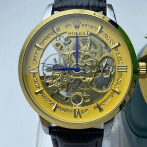 Men's Rolex-Branded Automatic Skeleton Watch with Gold Dial & Black Leather Strap