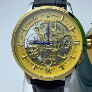 Men's Rolex-Branded Automatic Skeleton Watch with Gold Dial & Black Leather Strap