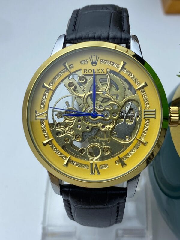 Men's Rolex-Branded Automatic Skeleton Watch with Gold Dial & Black Leather Strap