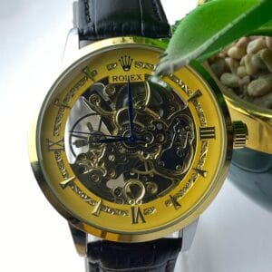 Men's Rolex-Branded Automatic Skeleton Watch with Gold Dial & Black Leather Strap
