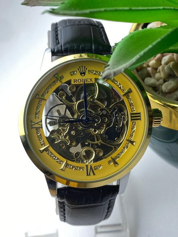 Men's Rolex-Branded Automatic Skeleton Watch with Gold Dial & Black Leather Strap - Image 8