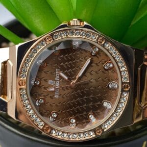Rose Gold-Tone Audemars Piguet Style Watch with Diamond Bezel
