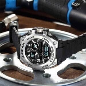 X-GEAR Men's Dual Display Sport Watch with Silver Bezel & Black Strap