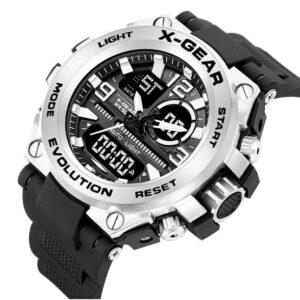 X-GEAR Men's Dual Display Sport Watch with Silver Bezel & Black Strap