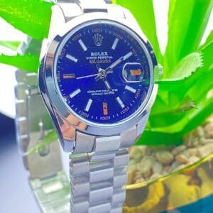 Sophisticated Edge: Silver Rolex with Blue Dial