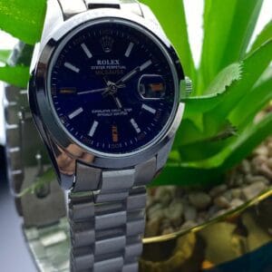 Sophisticated Edge: Silver Rolex with Blue Dial