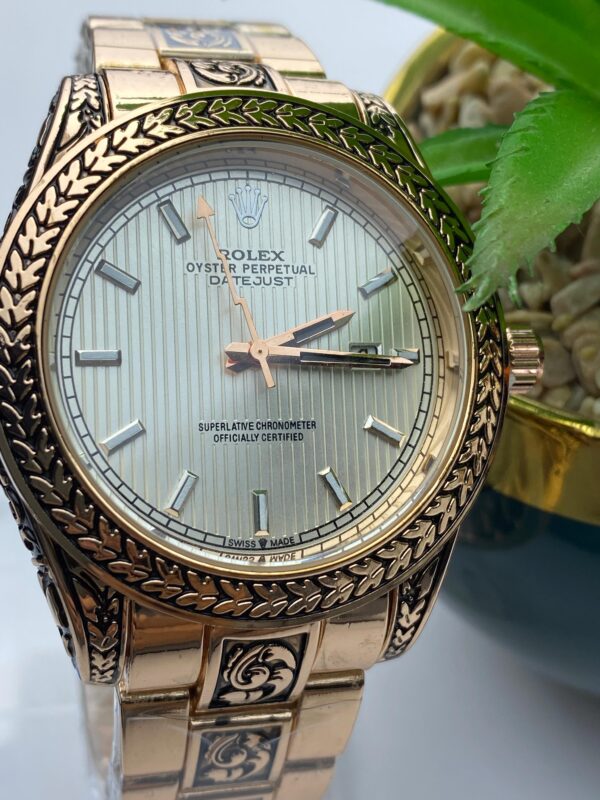 Unique Engraved Rose Gold Rolex Datejust Watch - Image 3