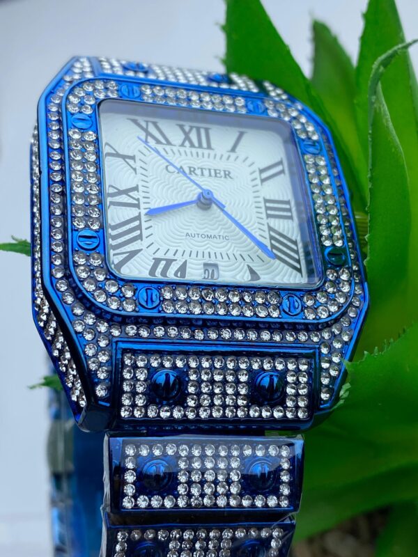 Luxury Blue Iced-Out Cartier Style Watch – Roman Dial & Quartz Movement