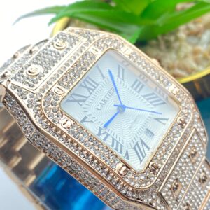 Luxury Blue Iced-Out Cartier Style Watch – Roman Dial & Quartz Movement
