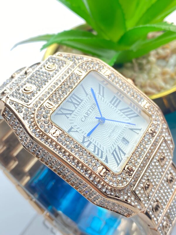 Luxury Blue Iced-Out Cartier Style Watch – Roman Dial & Quartz Movement - Image 2