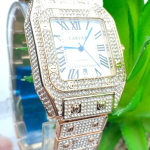 Luxury Blue Iced-Out Cartier Style Watch – Roman Dial & Quartz Movement