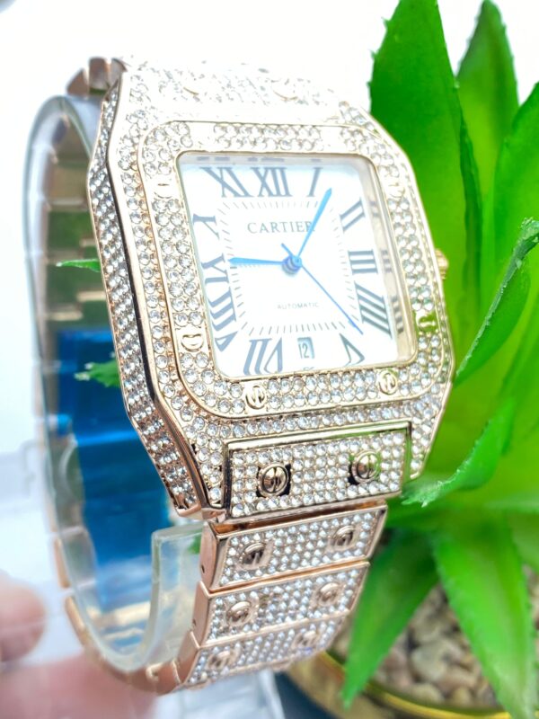 Luxury Blue Iced-Out Cartier Style Watch – Roman Dial & Quartz Movement - Image 3