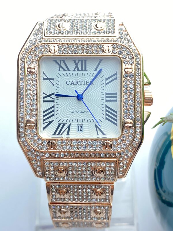 Luxury Blue Iced-Out Cartier Style Watch – Roman Dial & Quartz Movement - Image 8