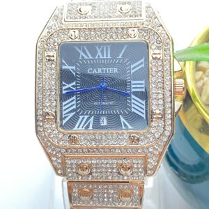 Luxury Blue Iced-Out Cartier Style Watch – Roman Dial & Quartz Movement