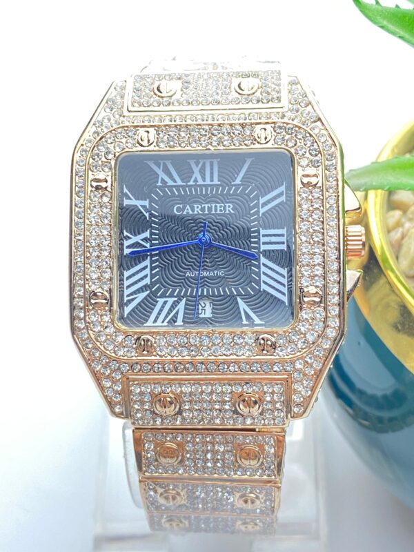 Luxury Blue Iced-Out Cartier Style Watch – Roman Dial & Quartz Movement - Image 4