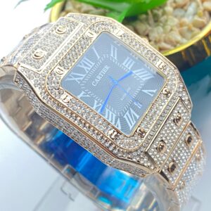 Luxury Blue Iced-Out Cartier Style Watch – Roman Dial & Quartz Movement