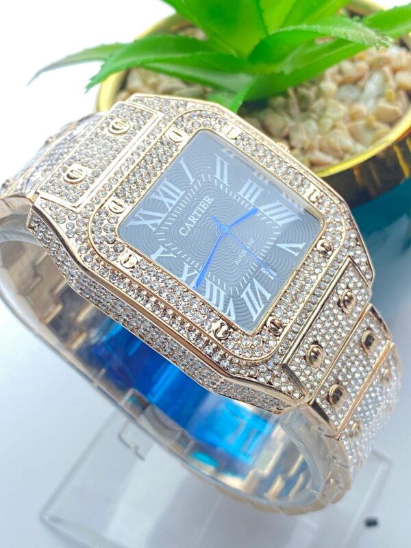 Luxury Blue Iced-Out Cartier Style Watch – Roman Dial & Quartz Movement - Image 5