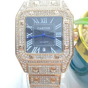 Luxury Blue Iced-Out Cartier Style Watch – Roman Dial & Quartz Movement