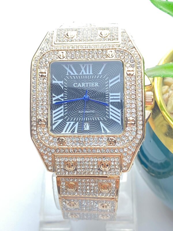 Luxury Blue Iced-Out Cartier Style Watch – Roman Dial & Quartz Movement - Image 7