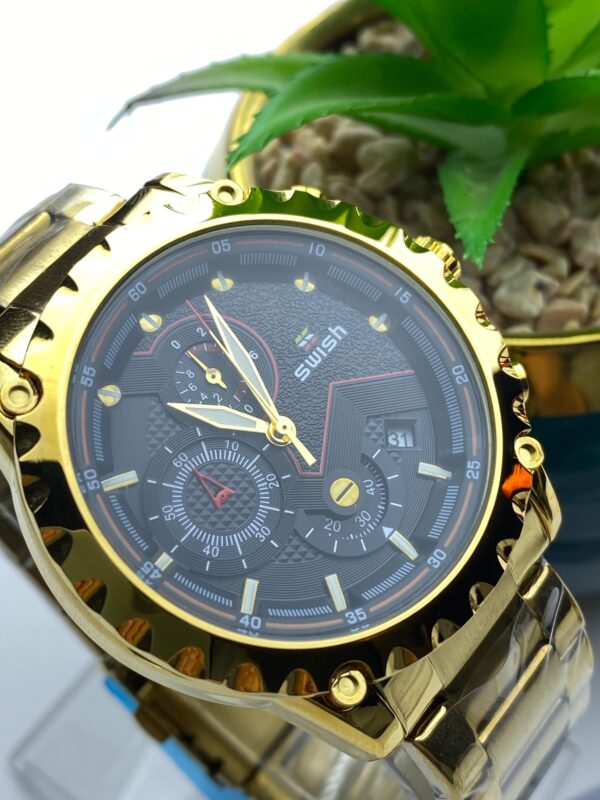 Swish Men's Luxury Quartz Watch – Gold Stainless Steel with Chronograph Features