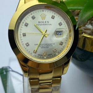 Rolex Oyster Perpetual Gold Watch with Diamond Dial & Integrated Butterfly Lock