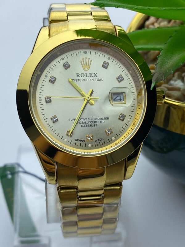 Rolex Oyster Perpetual Gold Watch with Diamond Dial & Integrated Butterfly Lock - Image 3