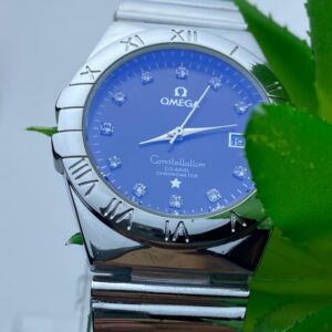 Silver-Toned Omega Watch with Roman Numerals and Diamond Markers