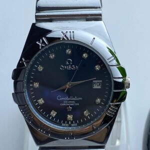 Silver-Toned Omega Watch with Roman Numerals and Diamond Markers