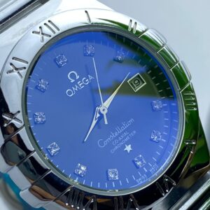 Silver-Toned Omega Watch with Roman Numerals and Diamond Markers