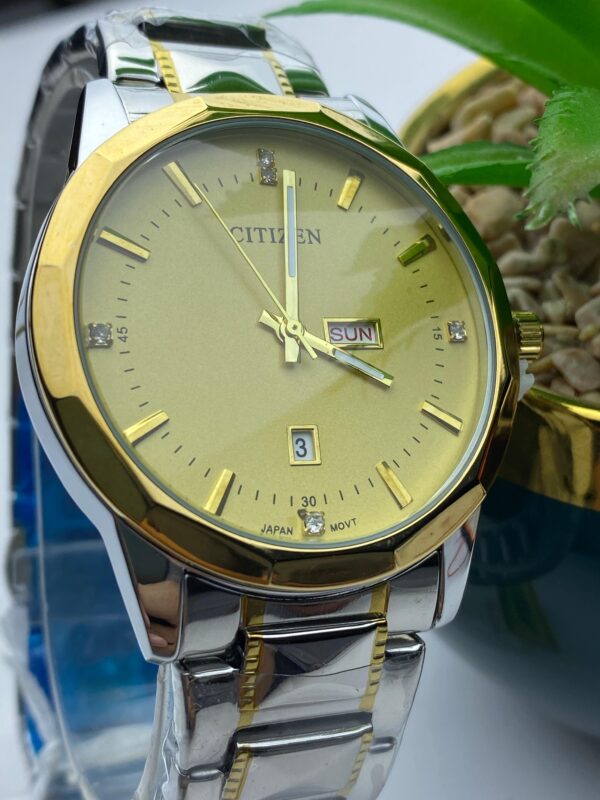 Elegant Gold-Tone Citizen Watch with Crystal Hour Markers & Date - Image 3