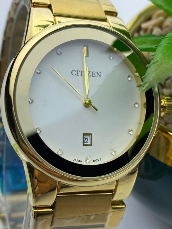 Elegant Gold-Tone Citizen Watch with Crystal Hour Markers & Date - Image 2