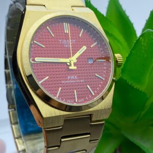 Bold Gold-Tone Tissot PRX Powermatic 80 with Red Waffle Dial